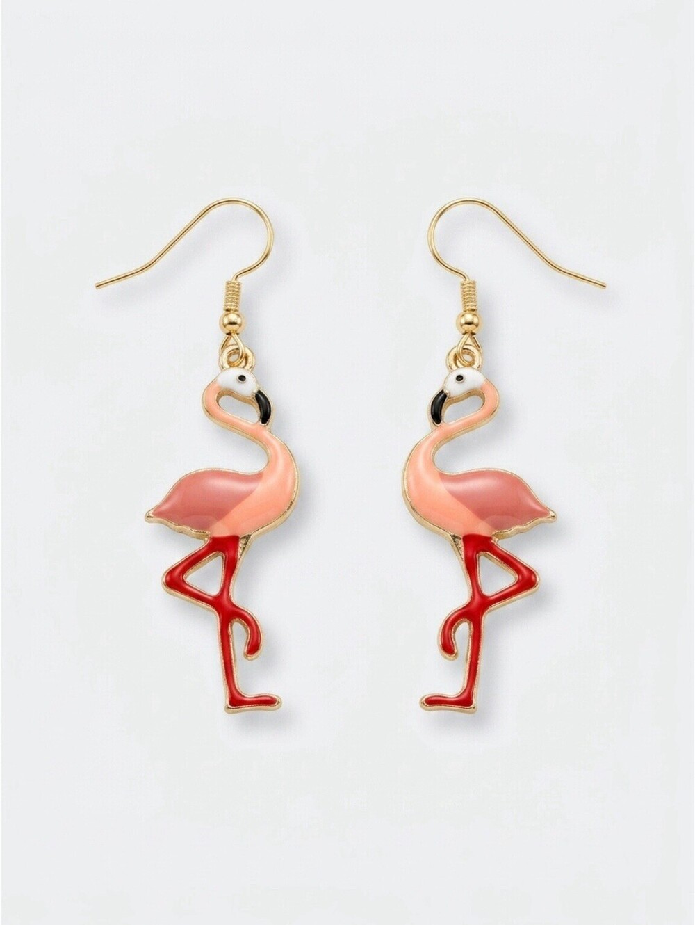 Pink Flamingo Dangle Earrings Enamel Gold Tone Fish Hook Tropical Bird Cute